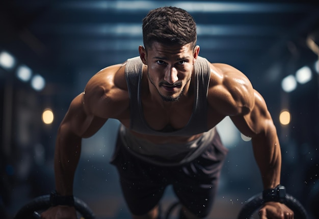 Hombre guapo y robusto haciendo ejercicio en el gimnasio.