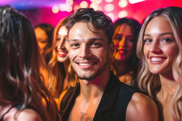 Foto hombre guapo rodeado de rubias en un club nocturno