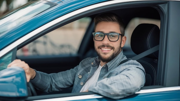 Foto hombre guapo sentado en el coche