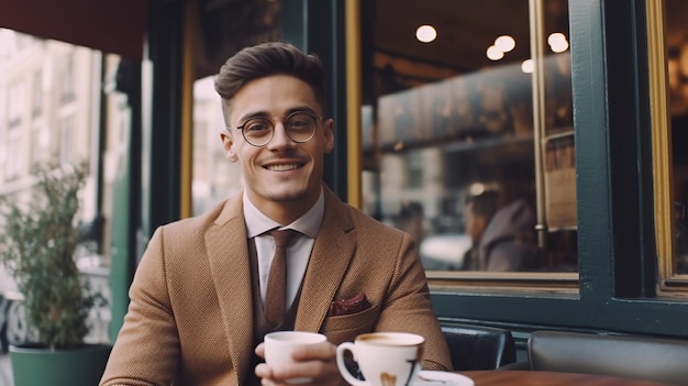 Un hombre guapo sentado en la fotografía callejera del café