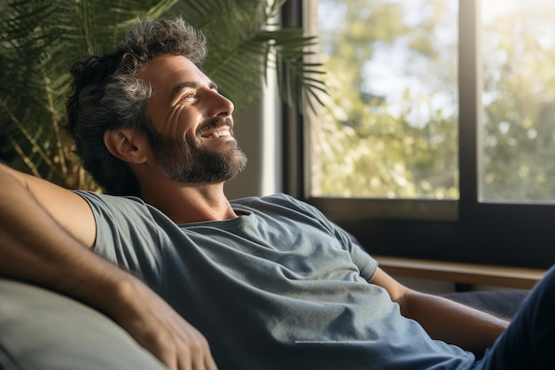 Un hombre guapo sentado relajándose en un cómodo sofá el fin de semana