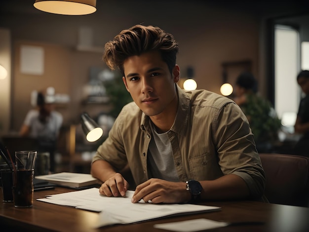 Hombre guapo sentado y trabajando en un café