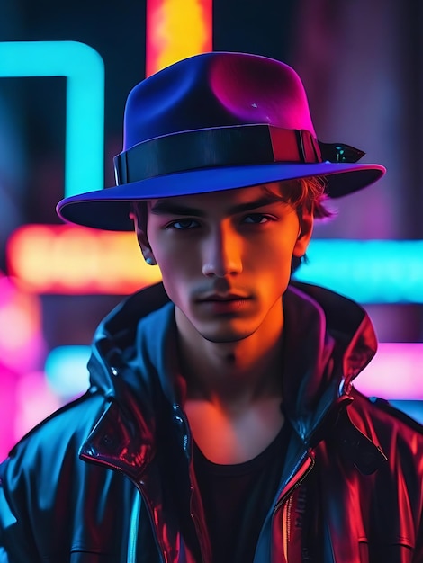 Hombre guapo con un sombrero negro y una chaqueta al estilo cyberpunk