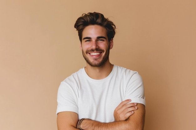 Hombre guapo sonriendo con los brazos cruzados sobre un fondo beige