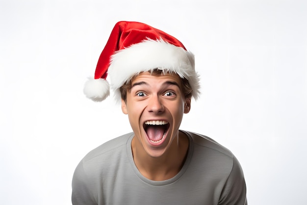 Hombre guapo y sonriente con sombrero de Navidad