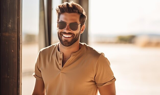 El hombre guapo con una sonrisa encantadora y barba usa con confianza sus gafas de sol diseñadas