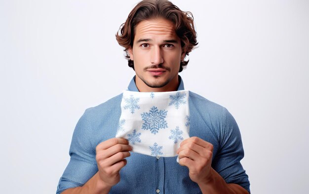 Foto hombre guapo sosteniendo la belleza efímera de los copos de nieve impresión aislada sobre fondo blanco