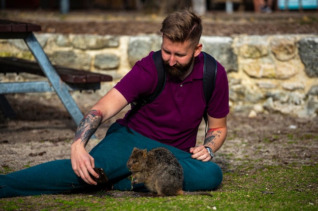 hombre guapo con tatuajes se toma selfie con quokka, selfie con animales lindos en la isla rottnest