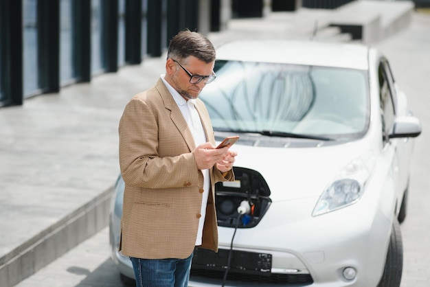 Hombre guapo con teléfono mientras se carga el coche