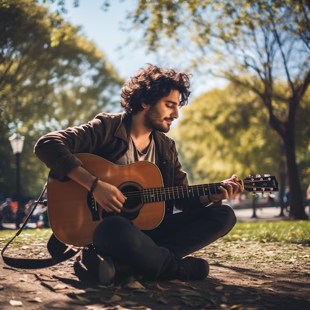 Un hombre guapo toca una guitarra acústica bajo un árbol sombreado durante el día