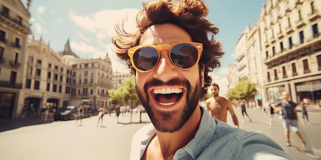 Un hombre guapo se toma una selfie en la ciudad se divierte caminando por la calle durante las vacaciones de verano