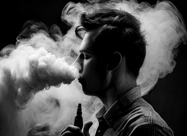 Hombre guapo tomando vape con humo pesado y nublado