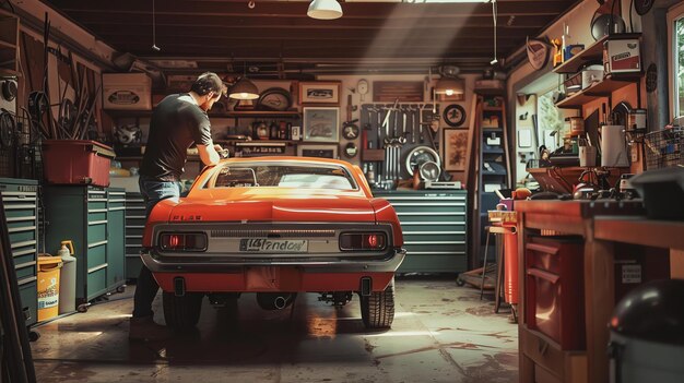 Hombre guapo trabajando en un coche clásico en su garaje