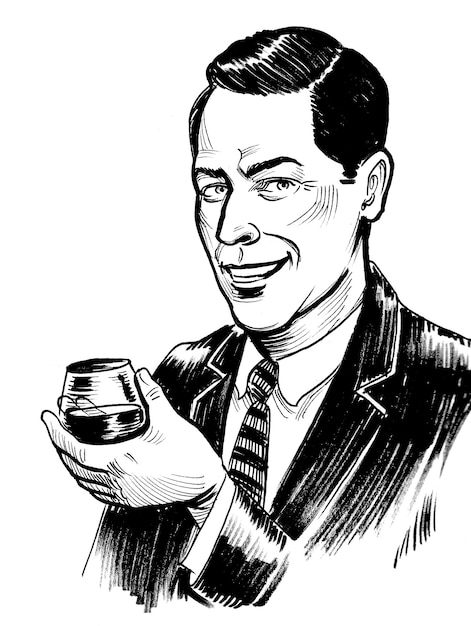 Hombre guapo en traje con una copa de vino dibujo en blanco y negro