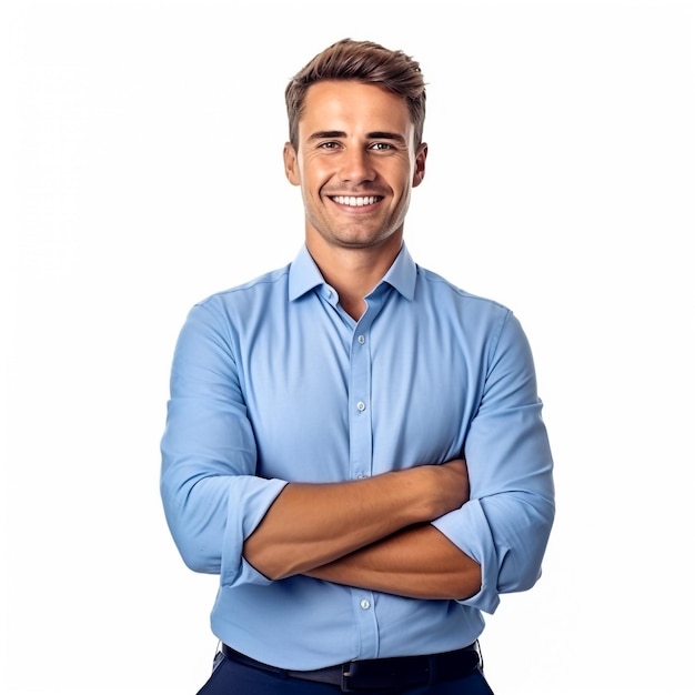 Hombre guapo en traje elegante sobre fondo blanco