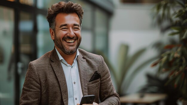 Un hombre guapo en traje está sonriendo y mirando su teléfono está de pie en un entorno urbano y está rodeado de vegetación