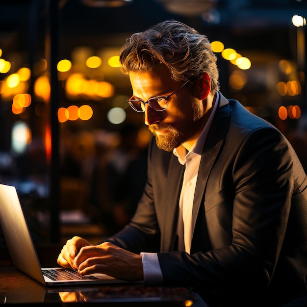 Hombre guapo en traje y gafas está trabajando en la computadora portátil en el café por la noche