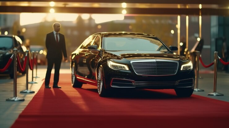 Hombre guapo en traje y gafas de sol en la alfombra roja en el salón de automóviles de lujo