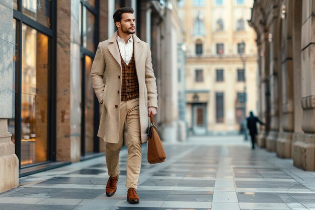 Foto hombre guapo con un traje de moda caminando