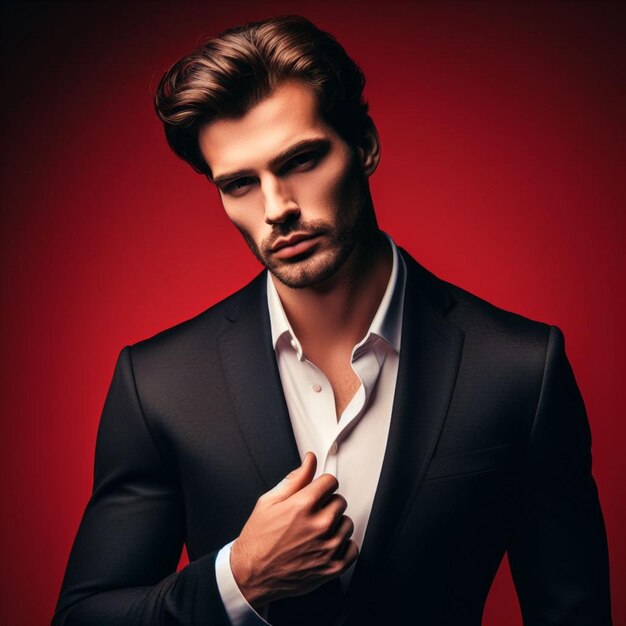 Hombre guapo en traje negro con corbata azul y fondo rojo