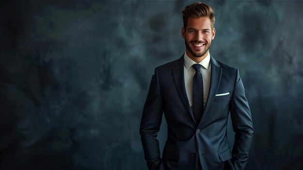 Foto hombre guapo en traje sonriendo con las manos en los bolsillos de pie en un fondo oscuro