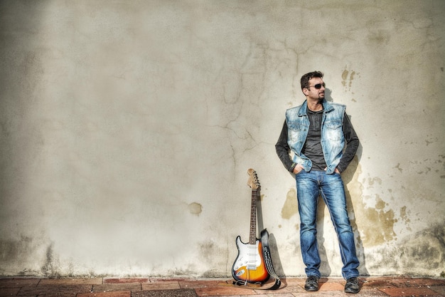Hombre y guitarra contra una pared sucia Procesado para efecto de mapeo de tonos hdr