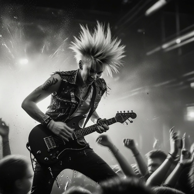 Foto un hombre con una guitarra que dice hard rock en ella