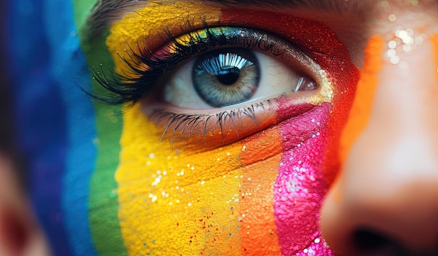 El hombre ha pintado su cara en el arco iris con la bandera del orgullo GLDR en el estilo de la lente macro