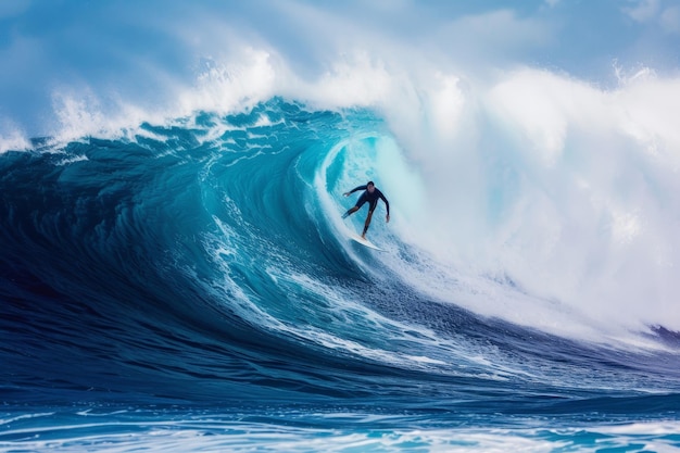 Un hombre hábilmente monta una ola en la parte superior de una tabla de surf demostrando su agilidad y equilibrio en el agua un surfista hábil realizando un truco en una ola masiva generada por IA