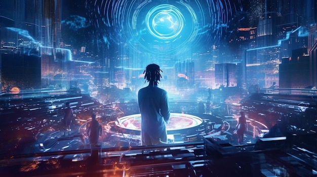 Un hombre se para en una habitación con un gran círculo que dice "ciencia ficción" en él.