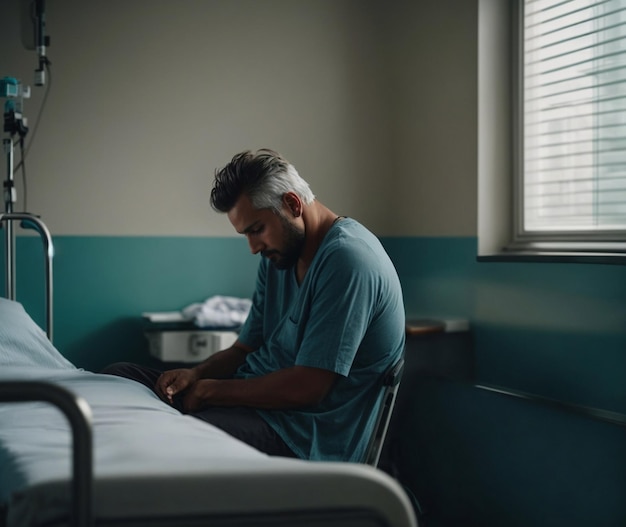 Foto un hombre en una habitación de hospital con una camisa azul