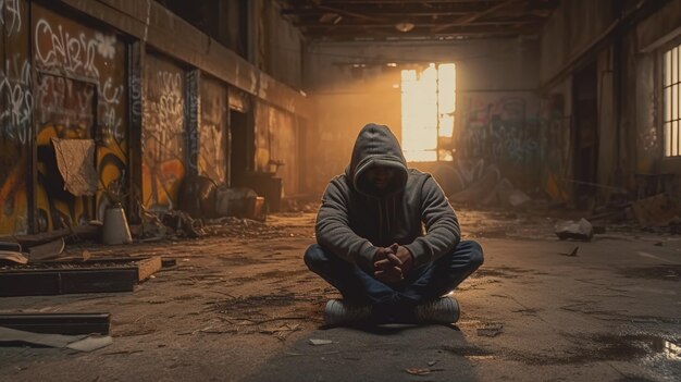 Un hombre en una habitación oscura con una capucha se sienta frente a una ventana que dice "la palabra en ella"