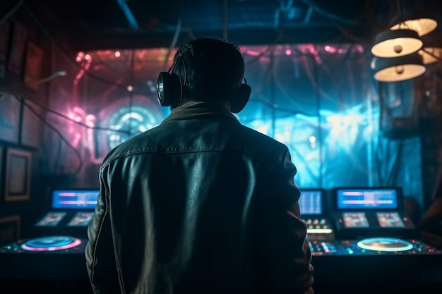 Un hombre en una habitación oscura con un dj con auriculares y una chaqueta.