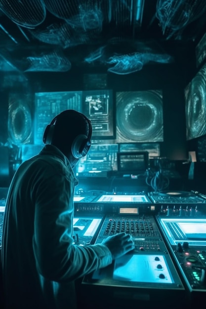 Un hombre en una habitación oscura con un dj con auriculares y un fondo azul claro.