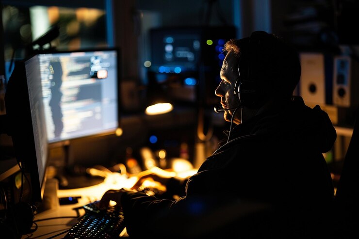 Foto un hombre en una habitación oscura con un monitor de computadora y un monitor con una luz verde en él
