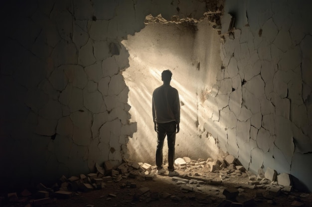 Un hombre se para en una habitación oscura con el sol brillando a través del agujero en la pared.