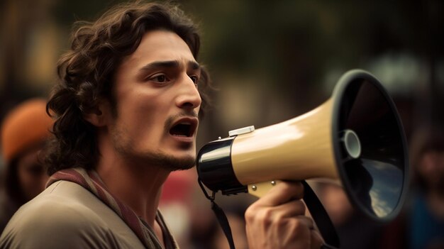 Un hombre habla por un megáfono con la palabra protesta.