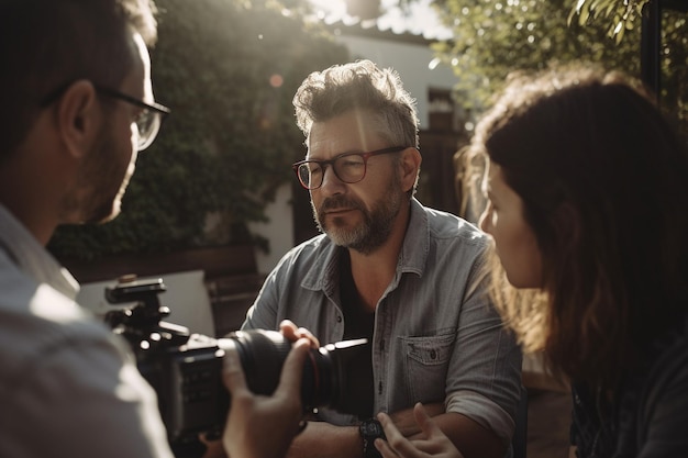 Foto un hombre está hablando a una cámara con un hombre con gafas.