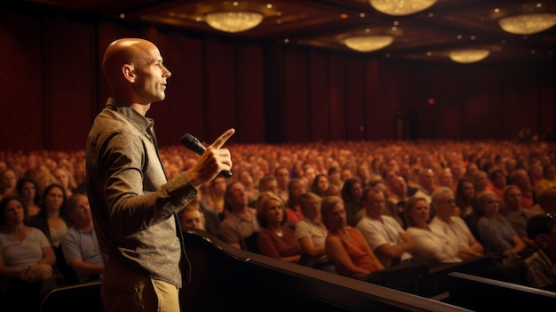 Foto hombre hablando en el escenario en una conferencia