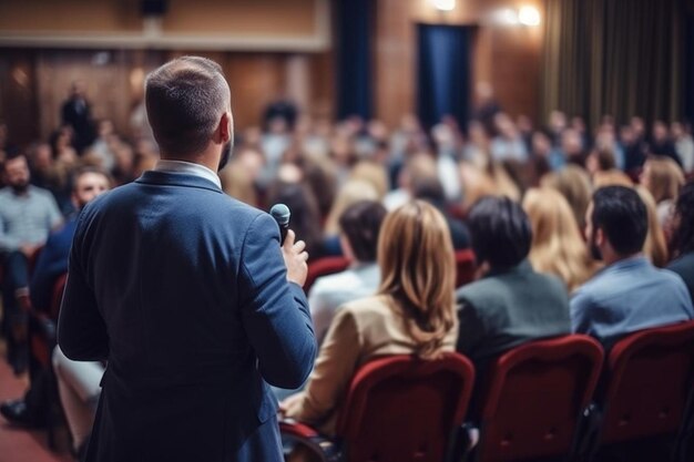 un hombre hablando en un micrófono frente a una gran audiencia