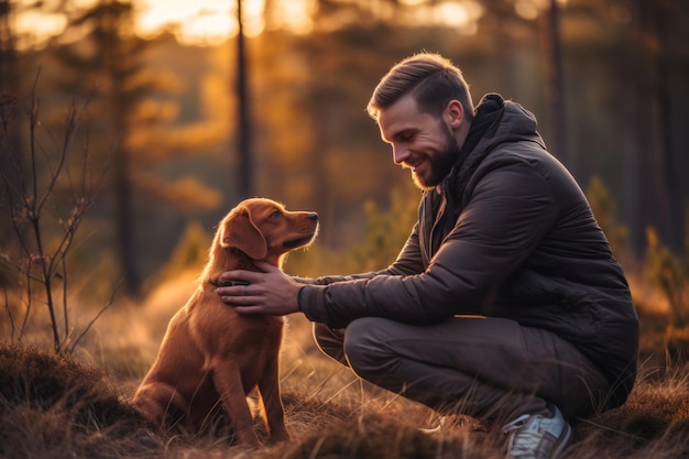 Hombre hablando con perro en el parque IA generativa