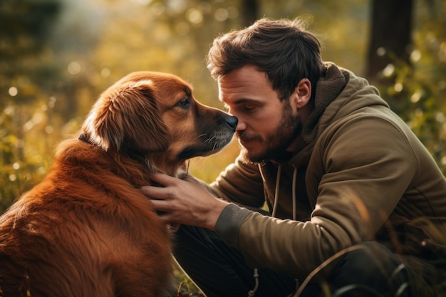 Hombre hablando con perro en el parque IA generativa