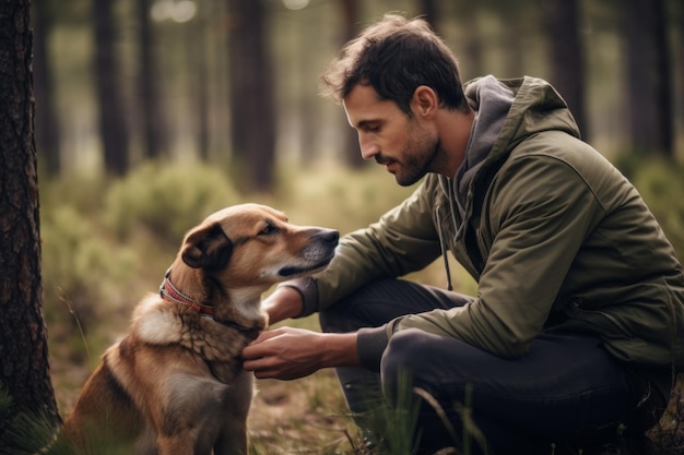 Hombre hablando con perro en el parque IA generativa