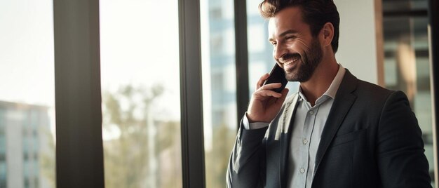 un hombre hablando en un teléfono celular con una ventana detrás de él