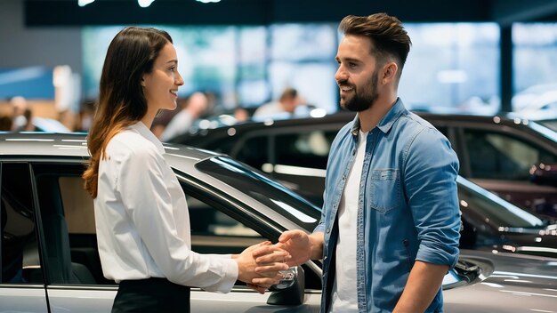 Hombre hablando con una vendedora en una sala de exposición de automóviles