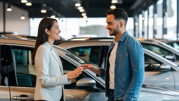 Hombre hablando con una vendedora en una sala de exposición de automóviles