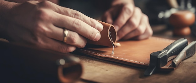 Foto hombre hace una billetera de cuero ia generativa