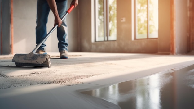 Un hombre hace concreto en el piso con una pala IA generativa