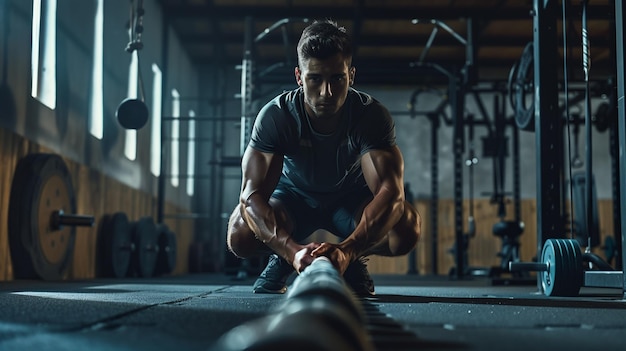 Foto un hombre hace ejercicio con equipos de ejercicio en un gimnasio moderno