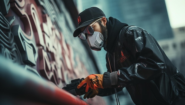 Hombre haciendo arte de graffiti cyberpunk con pintura en aerosol en la calle